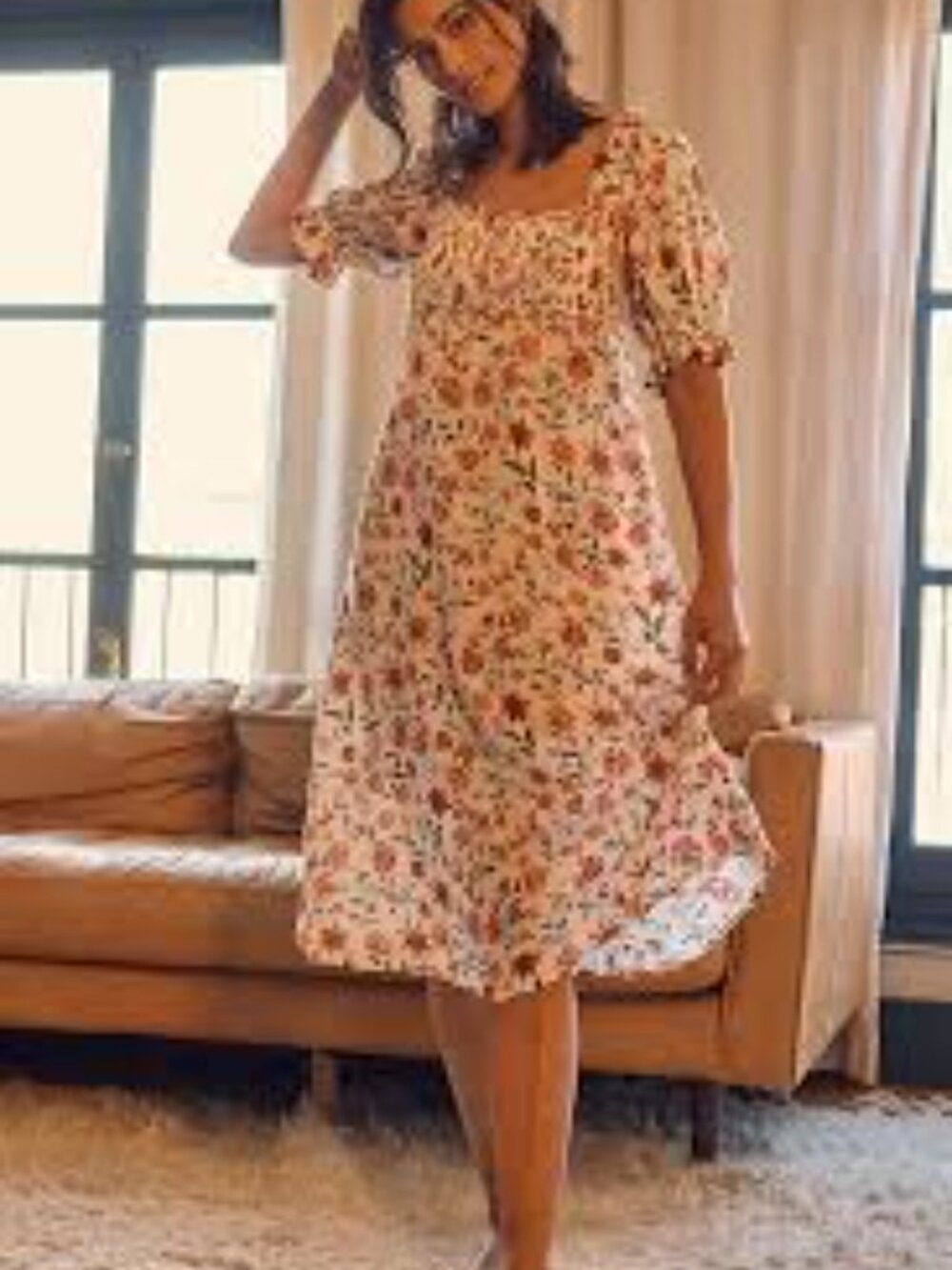 Mark D. Sikes for Anthropologie Smocked  Puff Sleeve Floral Dress